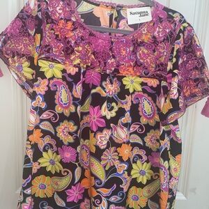 Savanna Jane Multicolor Paisley Blouse with Purple Lace